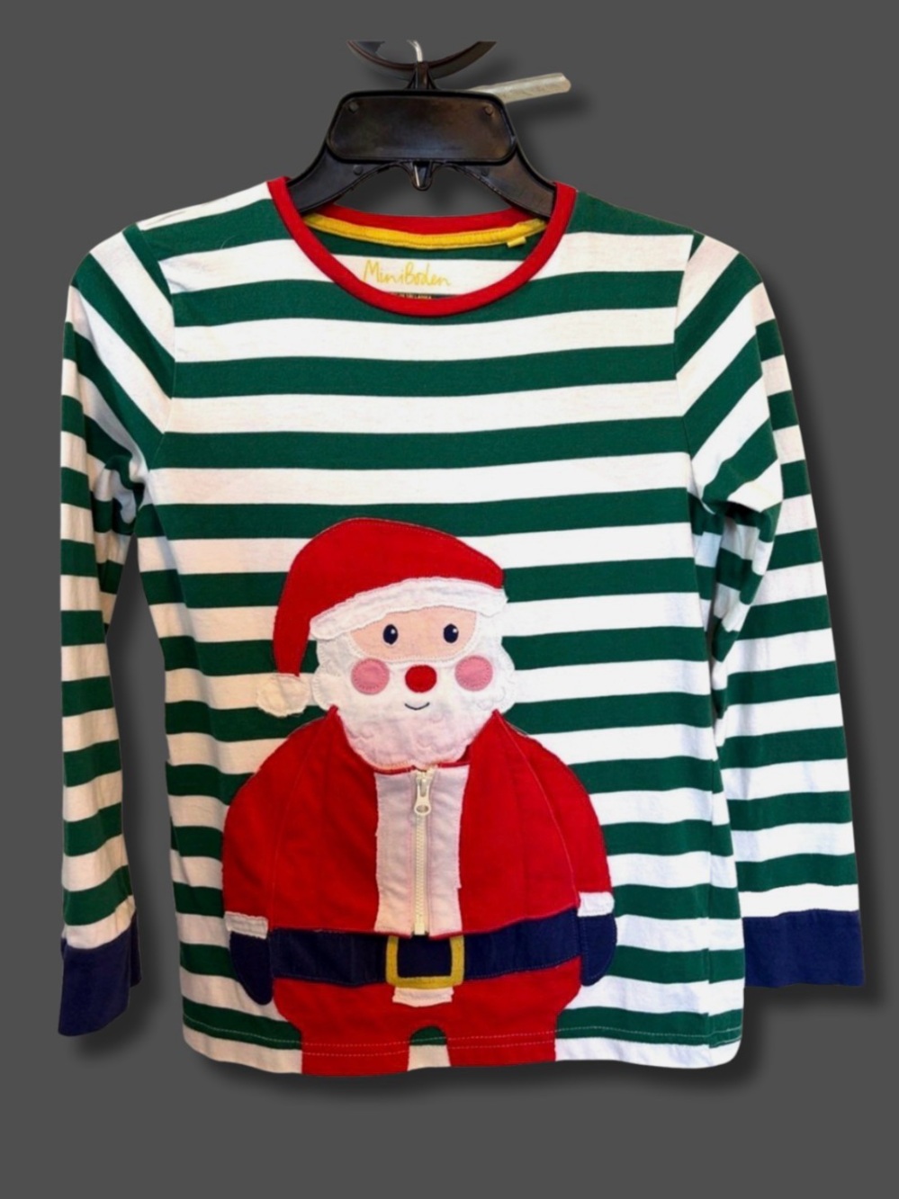 Mini Boden 9-10 140 Interactive Santa Claus Christmas Applique Stripe Shirt